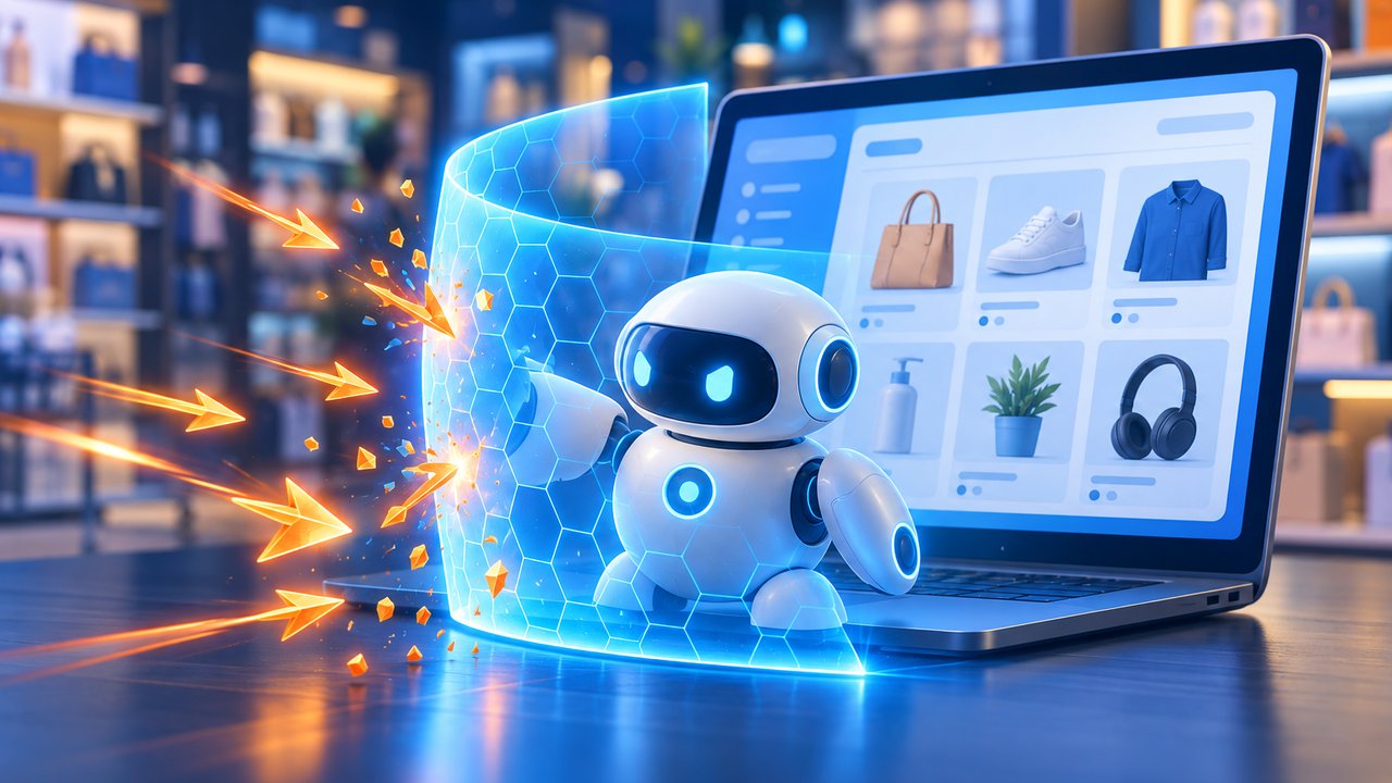 ECサイトの画面を青い半透明の壁と白いロボットが守り、外からの矢を弾いているイラスト