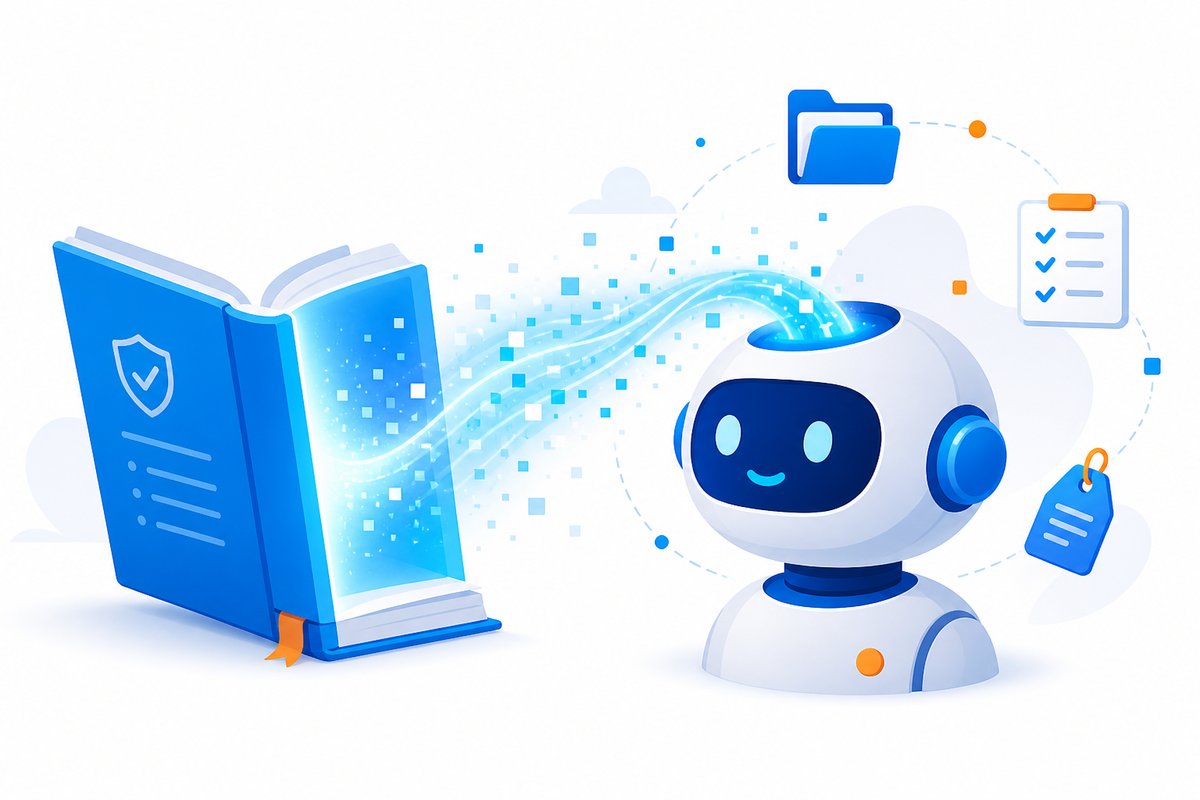 社内ルールをまとめた本が光の粒になってAIロボットに流れ込むイメージイラスト