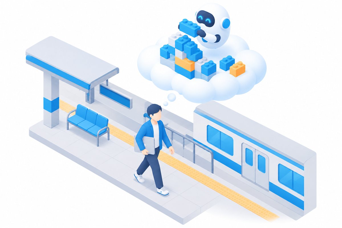 閉じたノートPCを抱えて駅のホームを歩く人の頭上で、雲の上のロボットがブロックを積み上げ続けているイメージイラスト