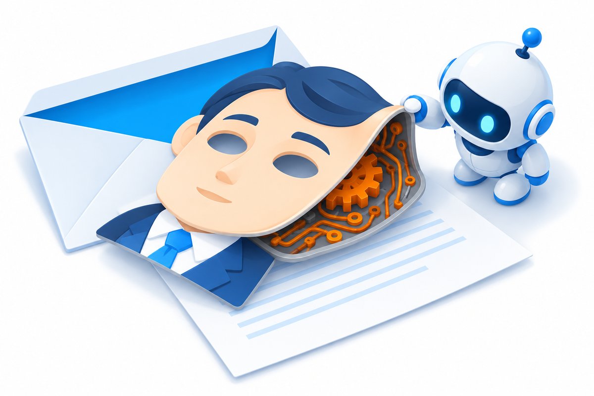 封筒から出た手紙に取引先の社員を模した仮面がかぶせられ、裏側にオレンジ色の歯車と回路が見え、白いロボットが仮面の端を持ち上げて覗いているイメージイラスト