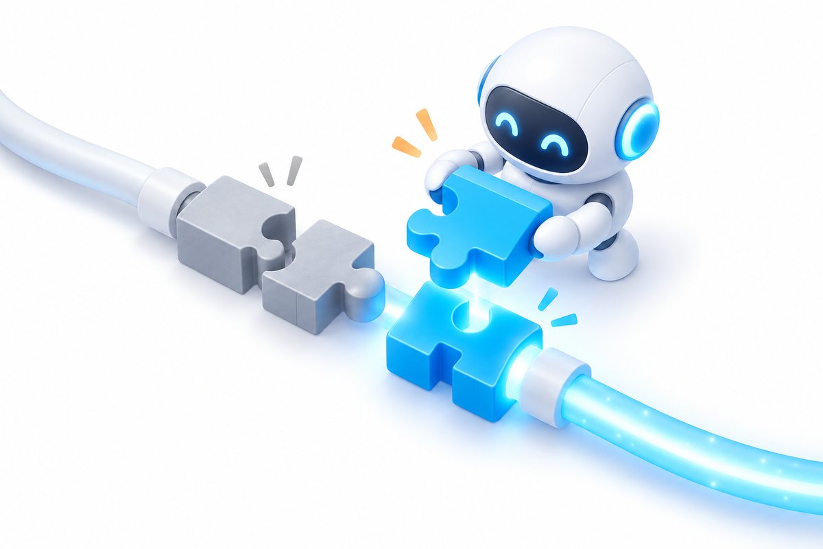 ロボットがケーブルの途中の合わないパズルピースを、ぴったり合うピースに差し替えて光を通しているイメージイラスト