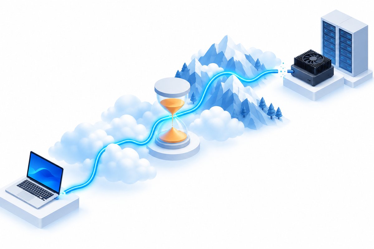 ノートPCから遠くのサーバーまで山や雲を越えて伸びるケーブルの途中に砂時計があり、先端のエッジコンピュータの手前で光が途切れているイメージイラスト