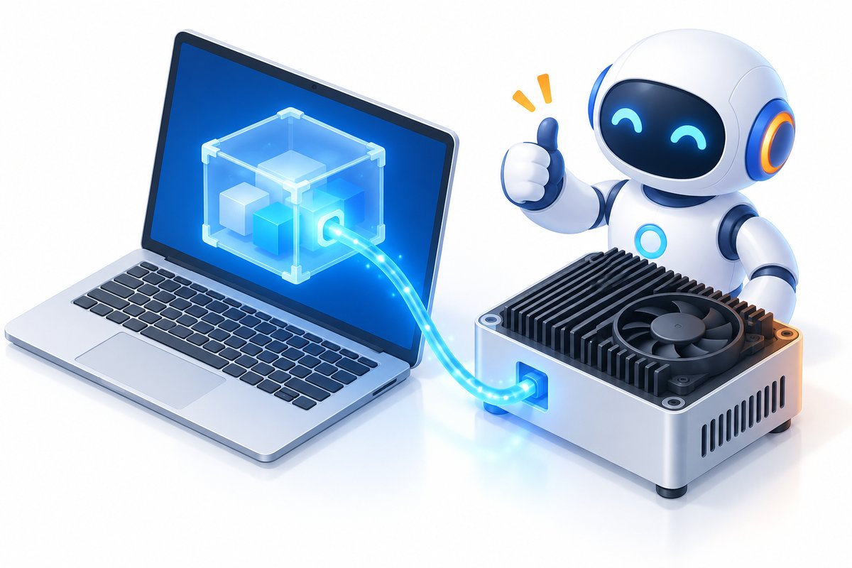 ノートPCの画面の中の透明なコンテナから短いケーブルでエッジコンピュータへ光が流れ込み、ロボットが親指を立てているイメージイラスト