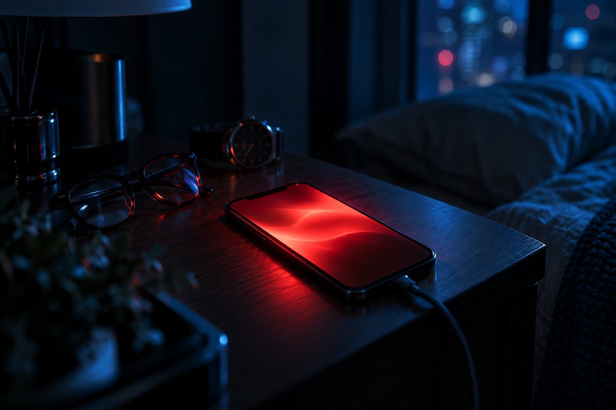 深夜の寝室のベッドサイドテーブルで、眼鏡と腕時計の横に置かれたスマートフォンの画面が赤い警告色で光っているイメージ