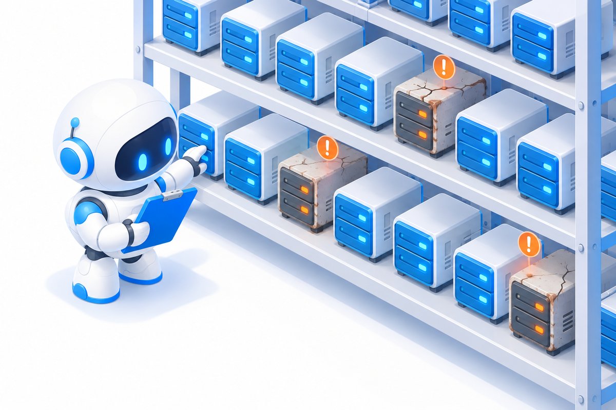 白いロボットがクリップボードを手に、棚に並んだ多数の小さなサーバーボックスを1つずつ点検し、ひびの入った古いボックスにオレンジ色のマークが付いているイメージイラスト