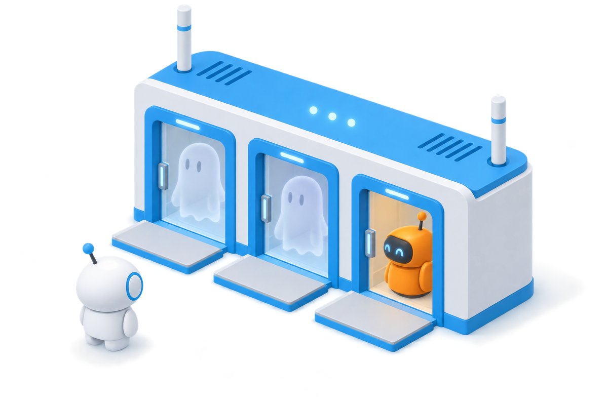 3つの扉があるルータの建物で、2つの扉を半透明の幽霊が塞ぎ、1つを小さな機器が使っていて、新しく来たロボットが外で待たされているイメージイラスト