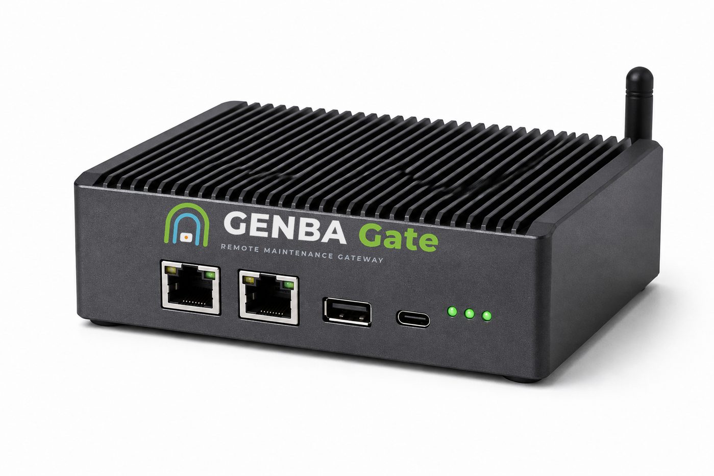 GENBA Gate 本体。前面にLANポート2口・USBポート・USB-C電源と稼働ランプを備えた小型の金属筐体