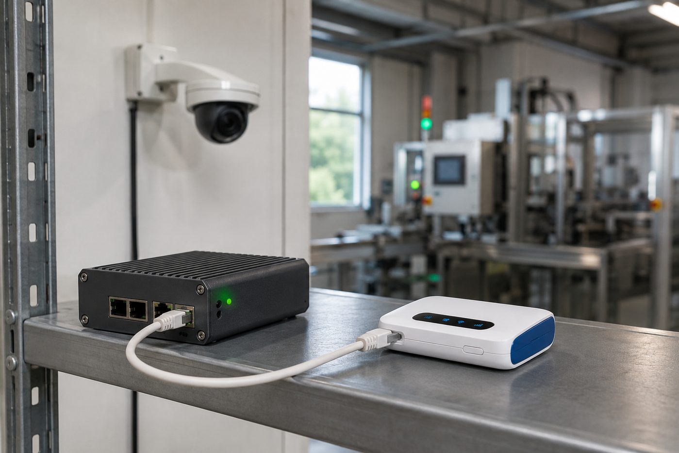 工場の機械室の棚に置かれたGENBA Gate本体と、LANケーブルでつながれたモバイルルーター。奥の壁には監視カメラ