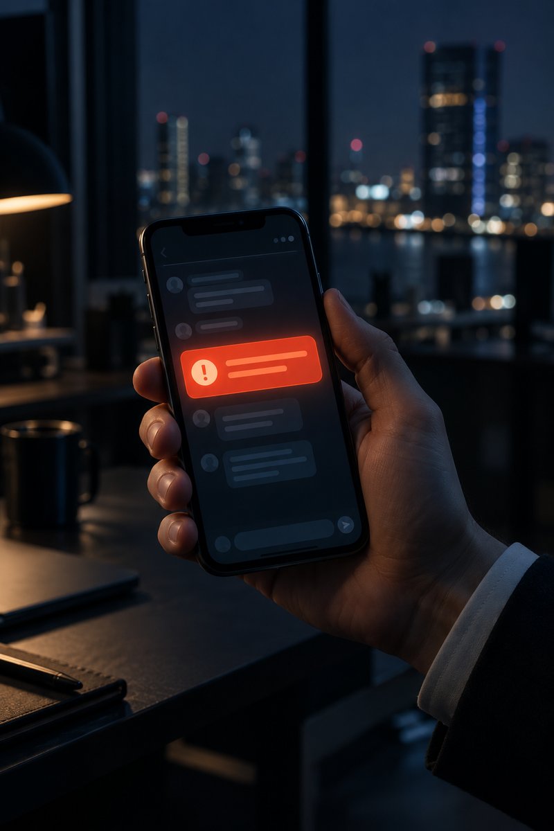 夜のオフィスで手に持ったスマートフォンに赤い警告通知が表示されている様子