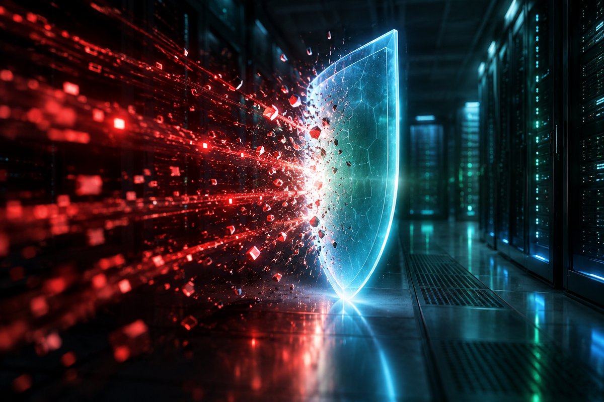 サーバールームで、赤いデータの奔流が光る盾に当たって砕けている様子のイメージ