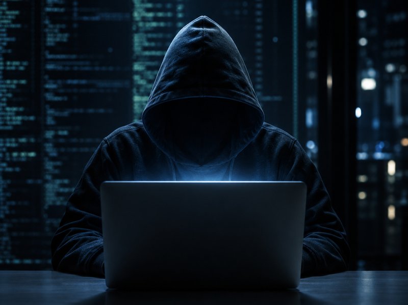 フードをかぶった人物が暗い部屋でノートパソコンを操作し、背後の画面にコードが流れている様子