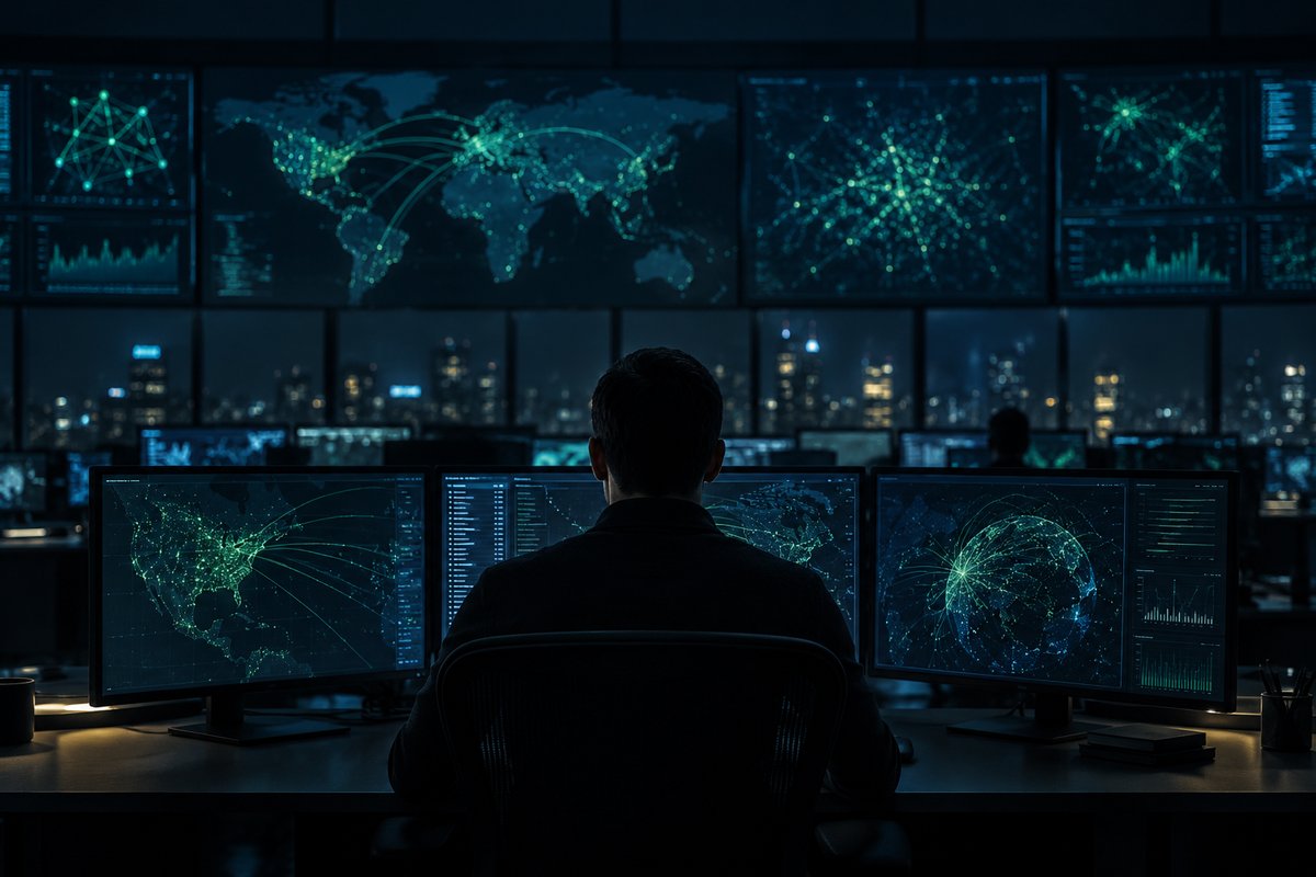 夜の監視ルームで、担当者が世界地図と通信グラフを映した複数のモニタを見守っている様子