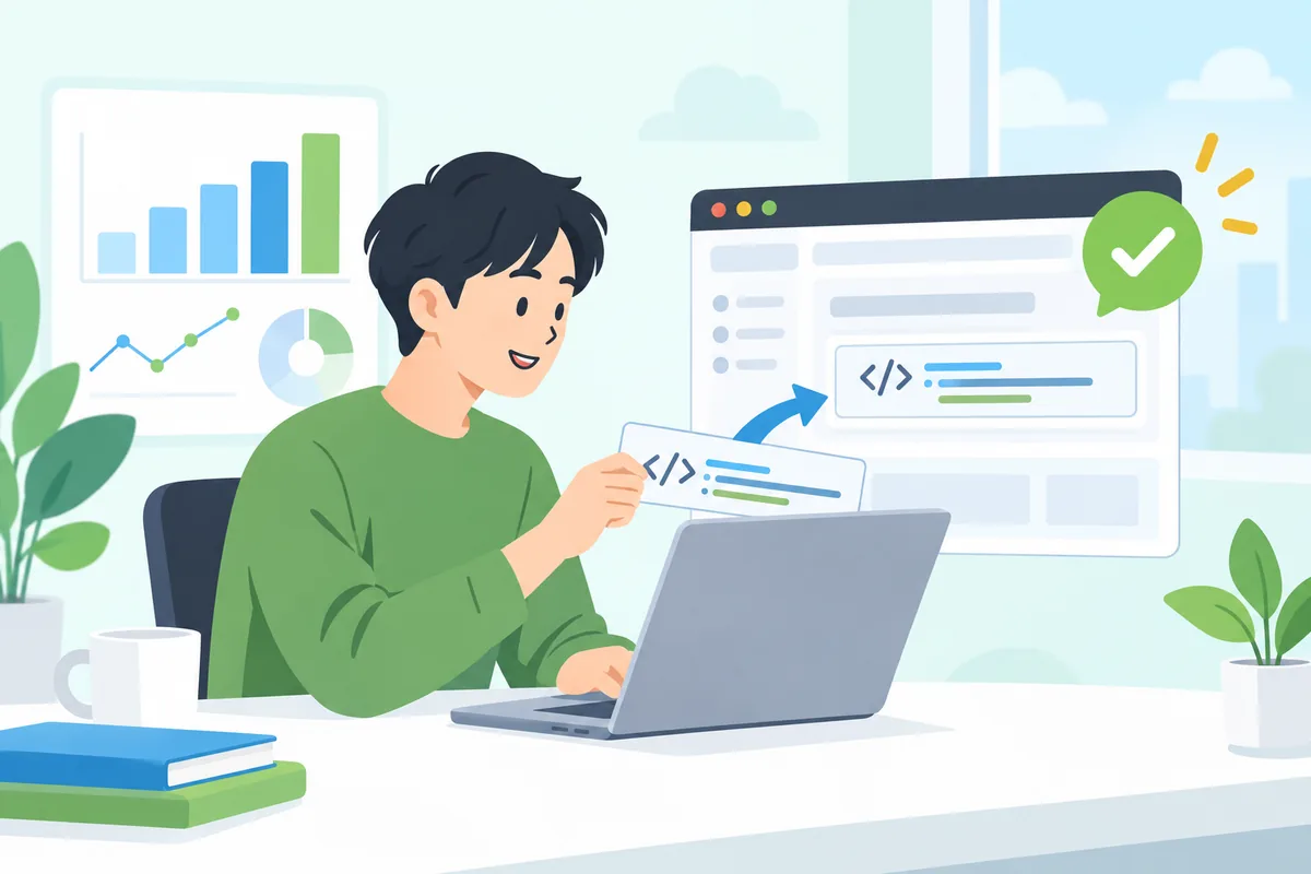 お客様自身がサイトに計測タグを貼り付けるイメージのイラスト