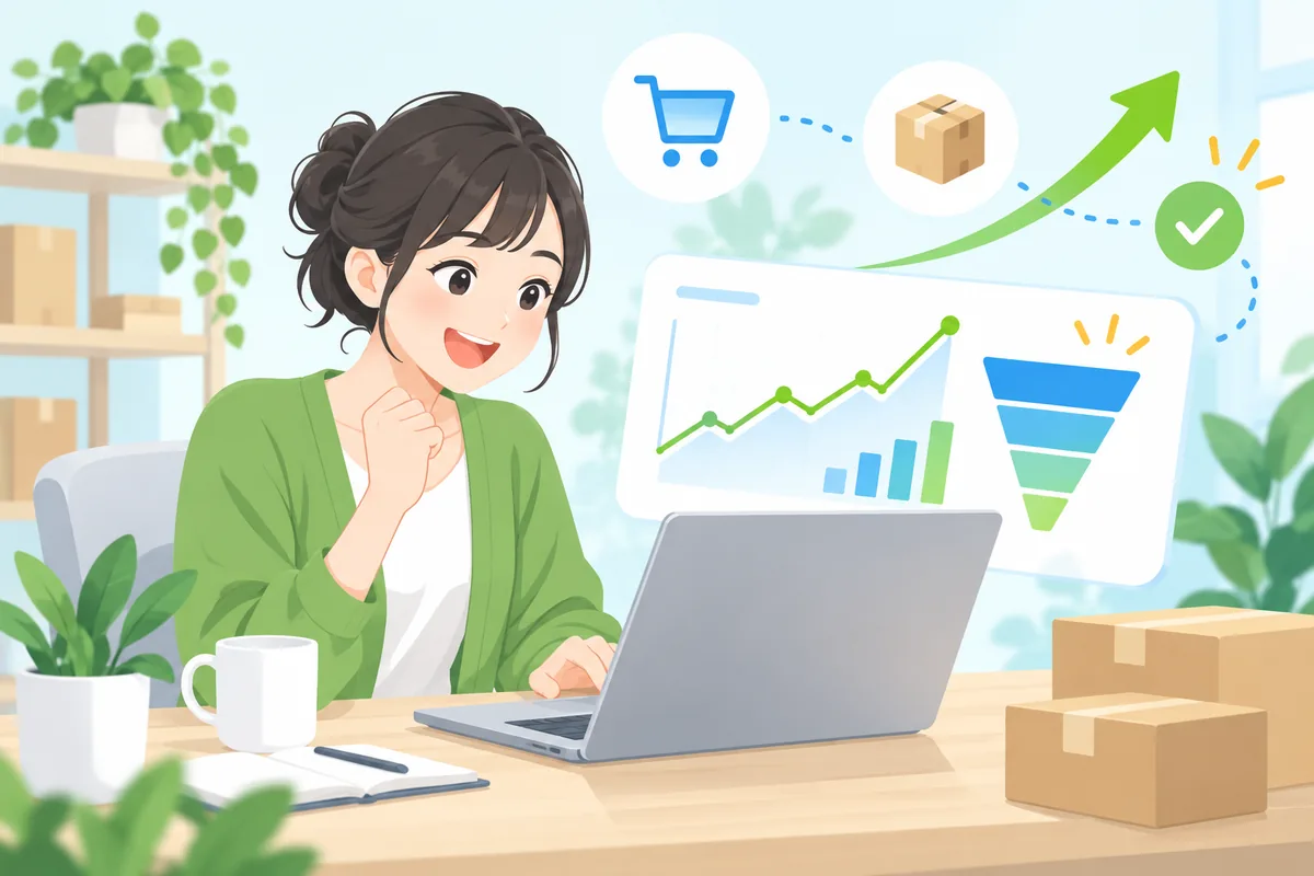 ECサイトの運営者がアクセス解析のグラフで離脱ポイントを確認しているイラスト