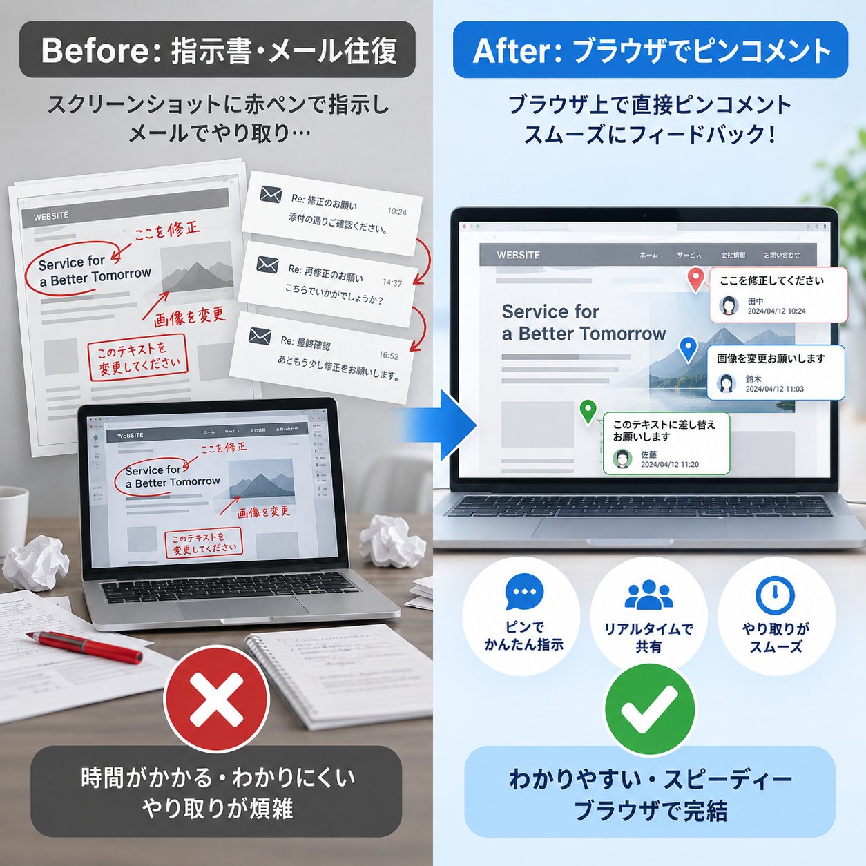 修正依頼の伝え方の比較。従来はスクリーンショットに赤ペンで書き込みメールで往復するのに対し、PinRemarkはブラウザ上の画面に直接ピンを立ててコメントするだけで完結する
